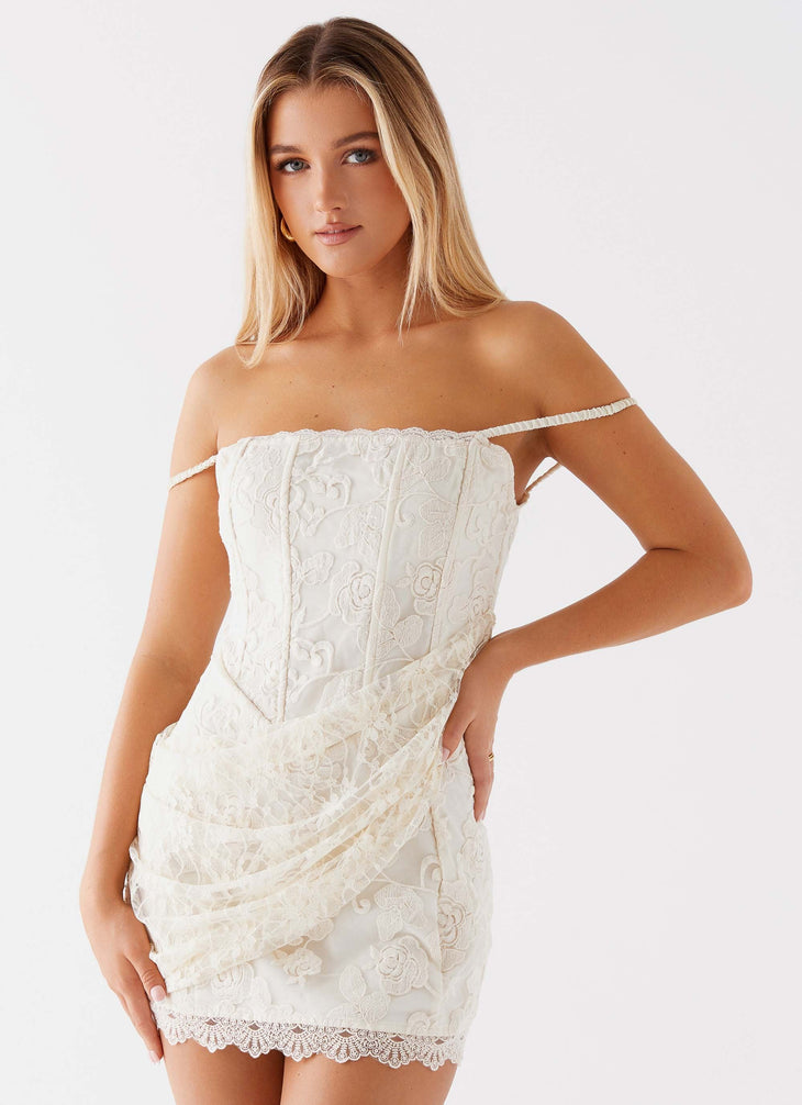 White off-shoulder lace mini dress with ruched detail and lace trim — Peppermayo | Endless UAE