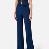 High-waisted wide-leg crepe trousers in navy blue with front pleats and logo plaque detail — Elisabetta Franchi | Endless UAE