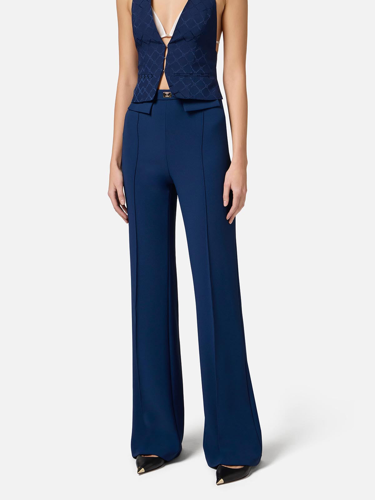High-waisted wide-leg crepe trousers in navy blue with front pleats and logo plaque detail — Elisabetta Franchi | Endless UAE