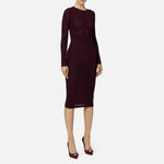 Burgundy long-sleeve viscose midi dress with tonal logo pattern and form-fitting silhouette — Elisabetta Franchi | Endless UAE