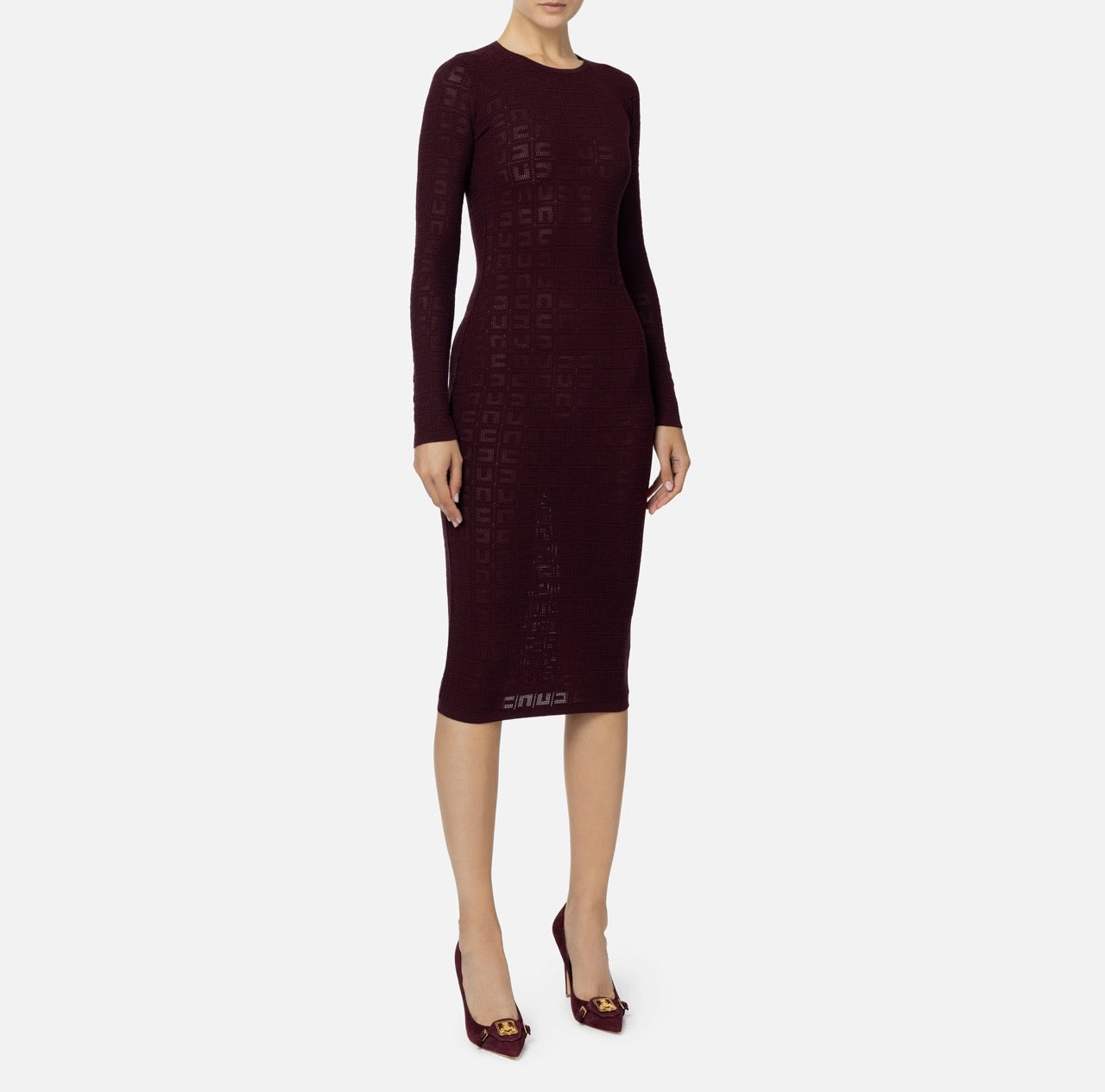 Burgundy long-sleeve viscose midi dress with tonal logo pattern and form-fitting silhouette — Elisabetta Franchi | Endless UAE