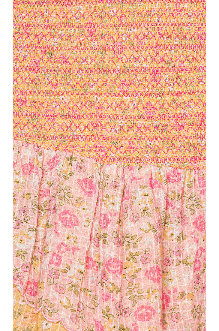 Pastel pink floral mini dress with smocked bodice and ruffle hem detail — LoveShackFancy | Endless UAE