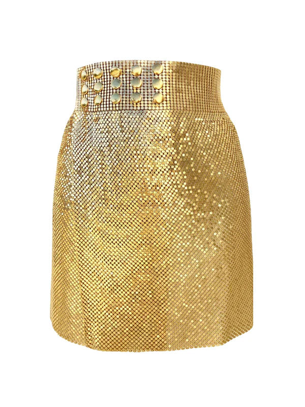 Gold sequin mini skirt styled with black crop top and boots — Isabel Moore | Endless UAE