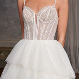 Beaded corset wedding dress with tiered tulle skirt and thin straps — You&I Bridal | Endless UAE
