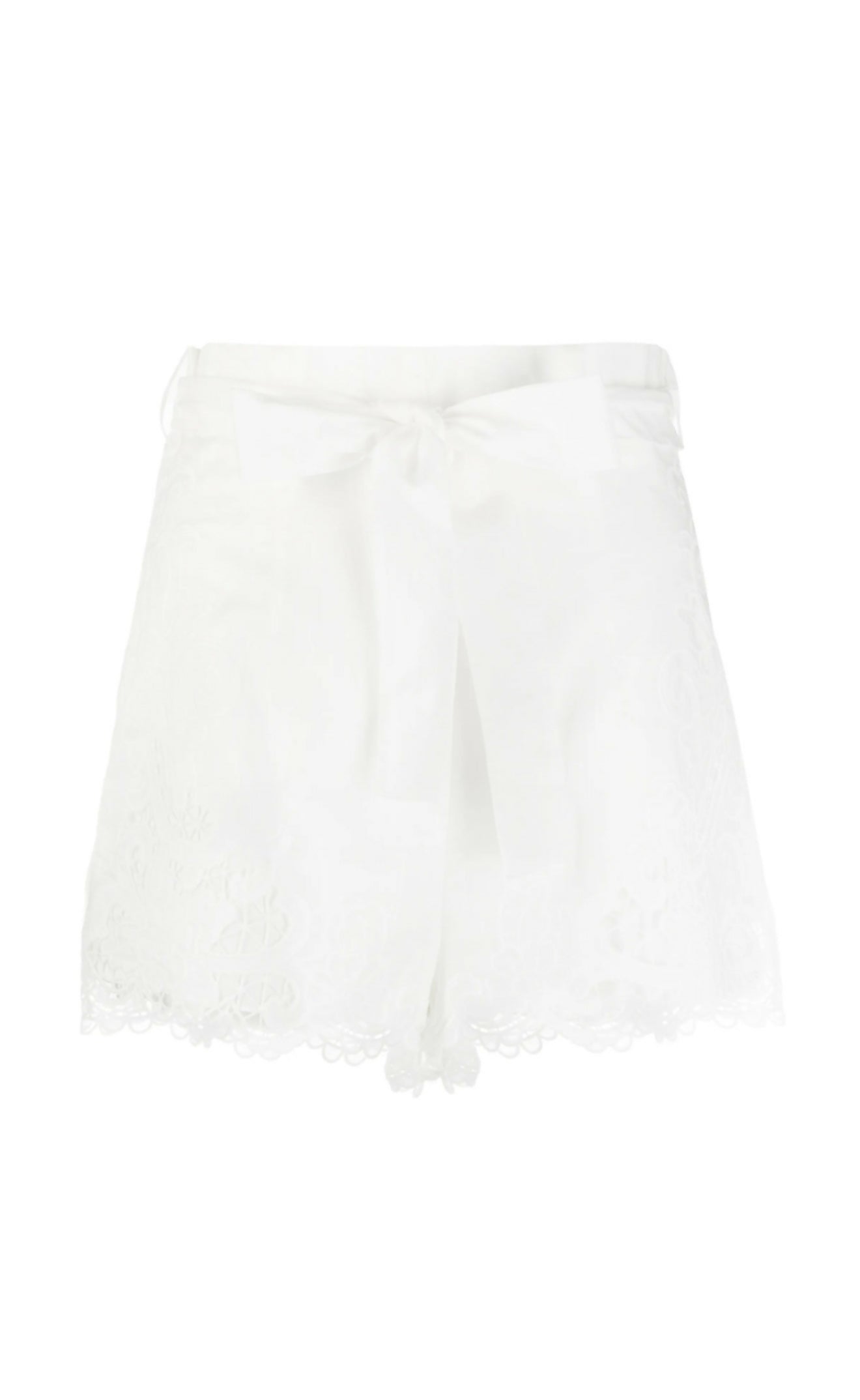 White belted shorts with embroidered floral details and scalloped hem trim — Zimmermann | Endless UAE