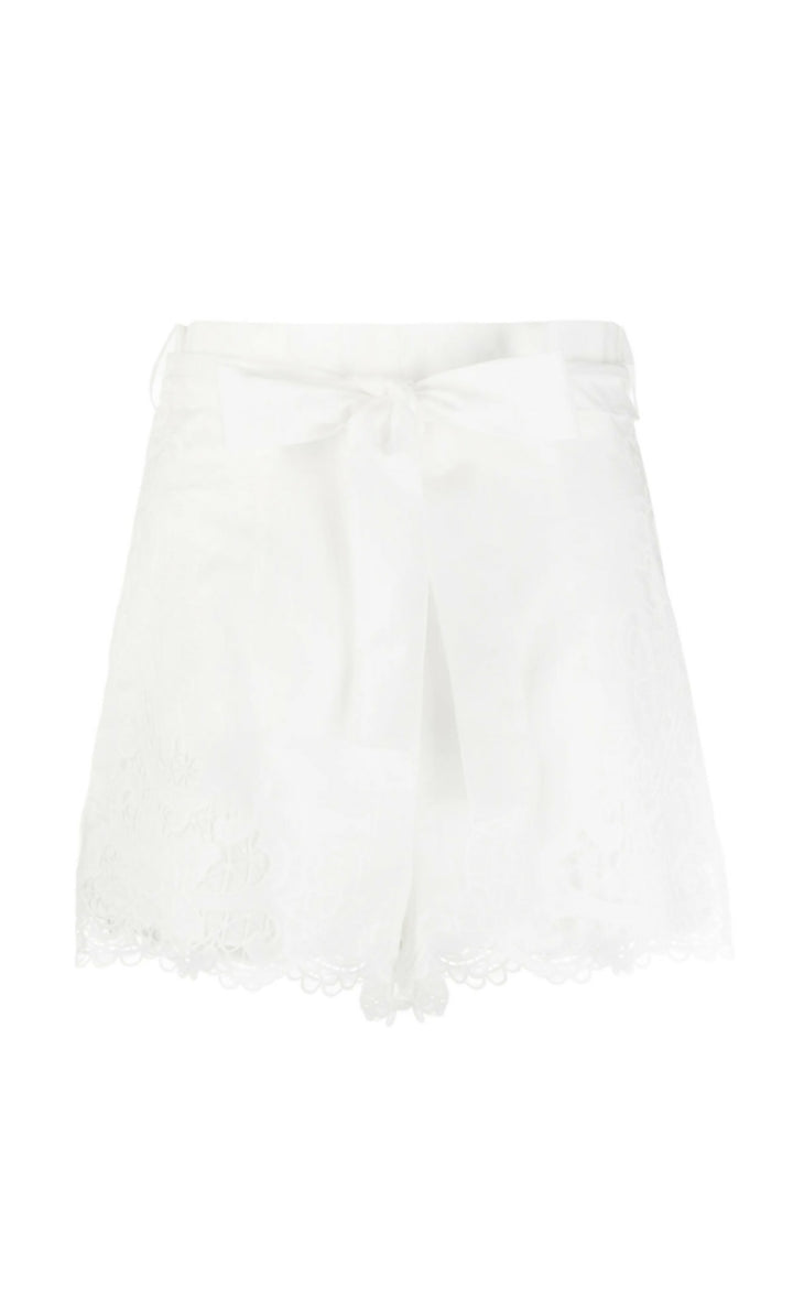White belted shorts with embroidered floral details and scalloped hem trim — Zimmermann | Endless UAE