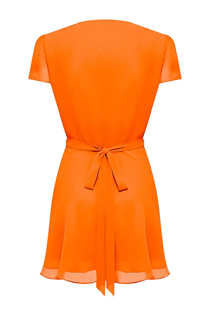 Bright orange wrap mini dress with short sleeves and tie waist belt featuring a flowy skirt — D'angelann | Endless UAE