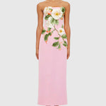 Woman wearing pink strapless maxi dress with white floral appliqué — Leo Lin | Endless UAE