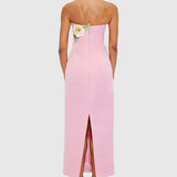 Woman wearing pink strapless maxi dress with white floral appliqué — Leo Lin | Endless UAE