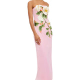 Woman wearing pink strapless maxi dress with white floral appliqué — Leo Lin | Endless UAE