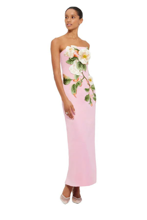 Woman wearing pink strapless maxi dress with white floral appliqué — Leo Lin | Endless UAE