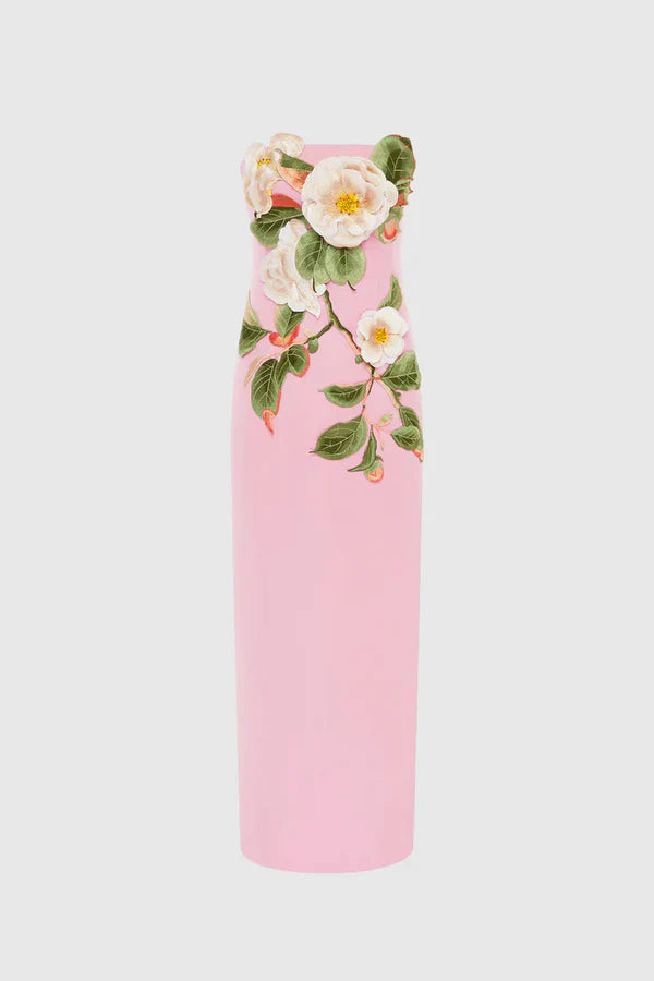 Woman wearing pink strapless maxi dress with white floral appliqué — Leo Lin | Endless UAE
