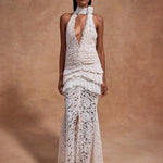 White lace halter maxi dress with ruched waist detail and floral pattern — De La Vali | Endless UAE