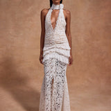 White lace halter maxi dress with ruched waist detail and floral pattern — De La Vali | Endless UAE