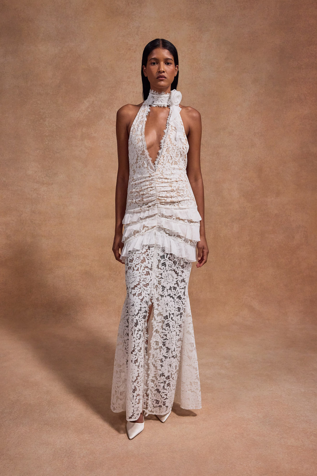 White lace halter maxi dress with ruched waist detail and floral pattern — De La Vali | Endless UAE