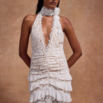 White lace halter maxi dress with ruched waist detail and floral pattern — De La Vali | Endless UAE