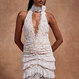 White lace halter maxi dress with ruched waist detail and floral pattern — De La Vali | Endless UAE