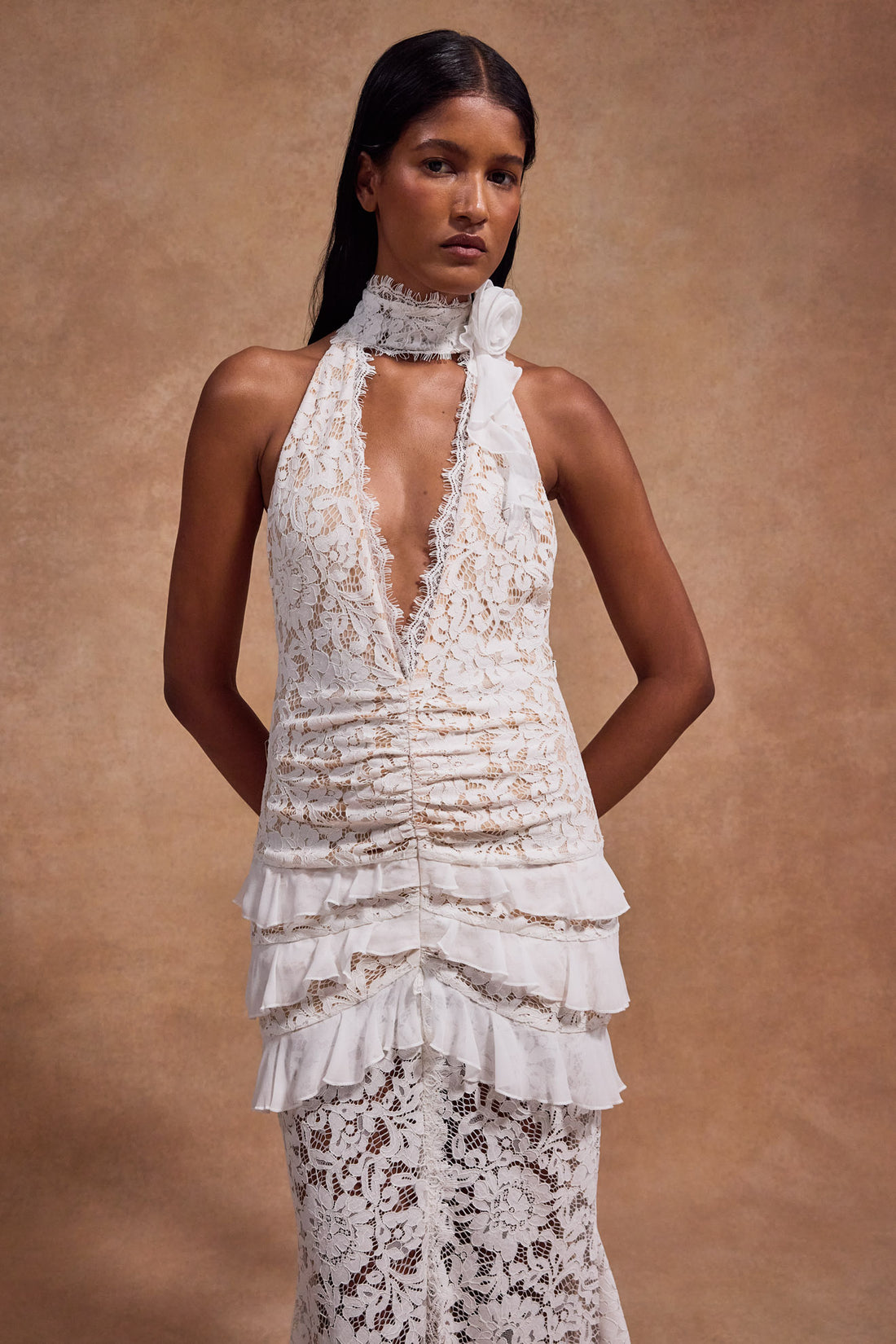 White lace halter maxi dress with ruched waist detail and floral pattern — De La Vali | Endless UAE