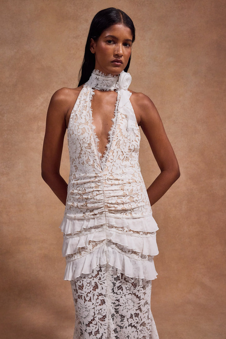 White lace halter maxi dress with ruched waist detail and floral pattern — De La Vali | Endless UAE