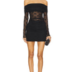 Black off-shoulder lace mini dress with long sleeves and ruched detailing — Lovers + Friends | Endless UAE