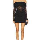 Black off-shoulder lace mini dress with long sleeves and ruched detailing — Lovers + Friends | Endless UAE