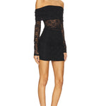Black off-shoulder lace mini dress with long sleeves and ruched detailing — Lovers + Friends | Endless UAE