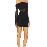 Black off-shoulder lace mini dress with long sleeves and ruched detailing — Lovers + Friends | Endless UAE
