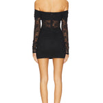 Black off-shoulder lace mini dress with long sleeves and ruched detailing — Lovers + Friends | Endless UAE