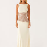 Cream sleeveless maxi dress with sheer lace waist panel — Peppermayo | Endless UAE