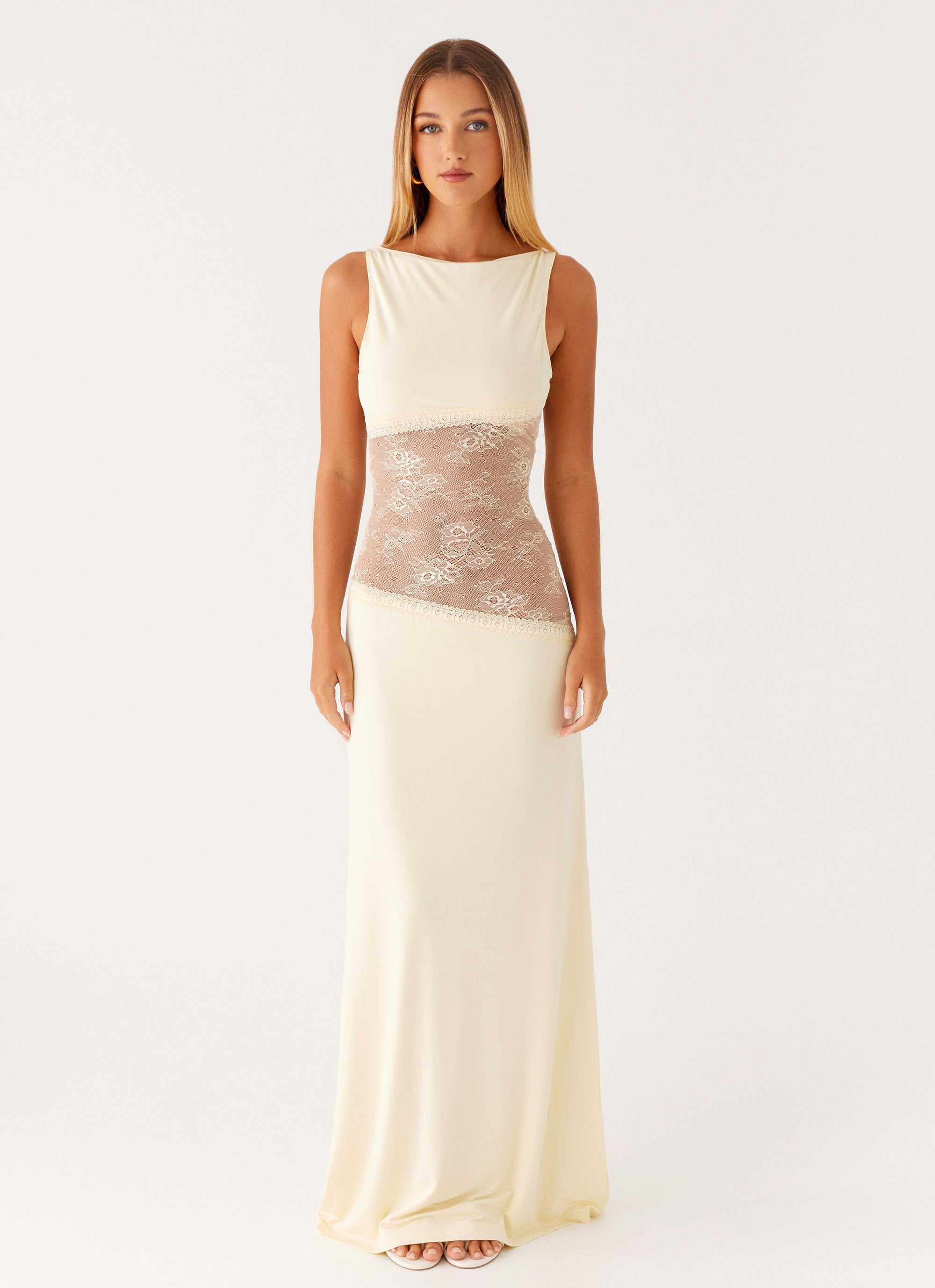 Cream sleeveless maxi dress with sheer lace waist panel — Peppermayo | Endless UAE
