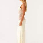 Cream sleeveless maxi dress with sheer lace waist panel — Peppermayo | Endless UAE