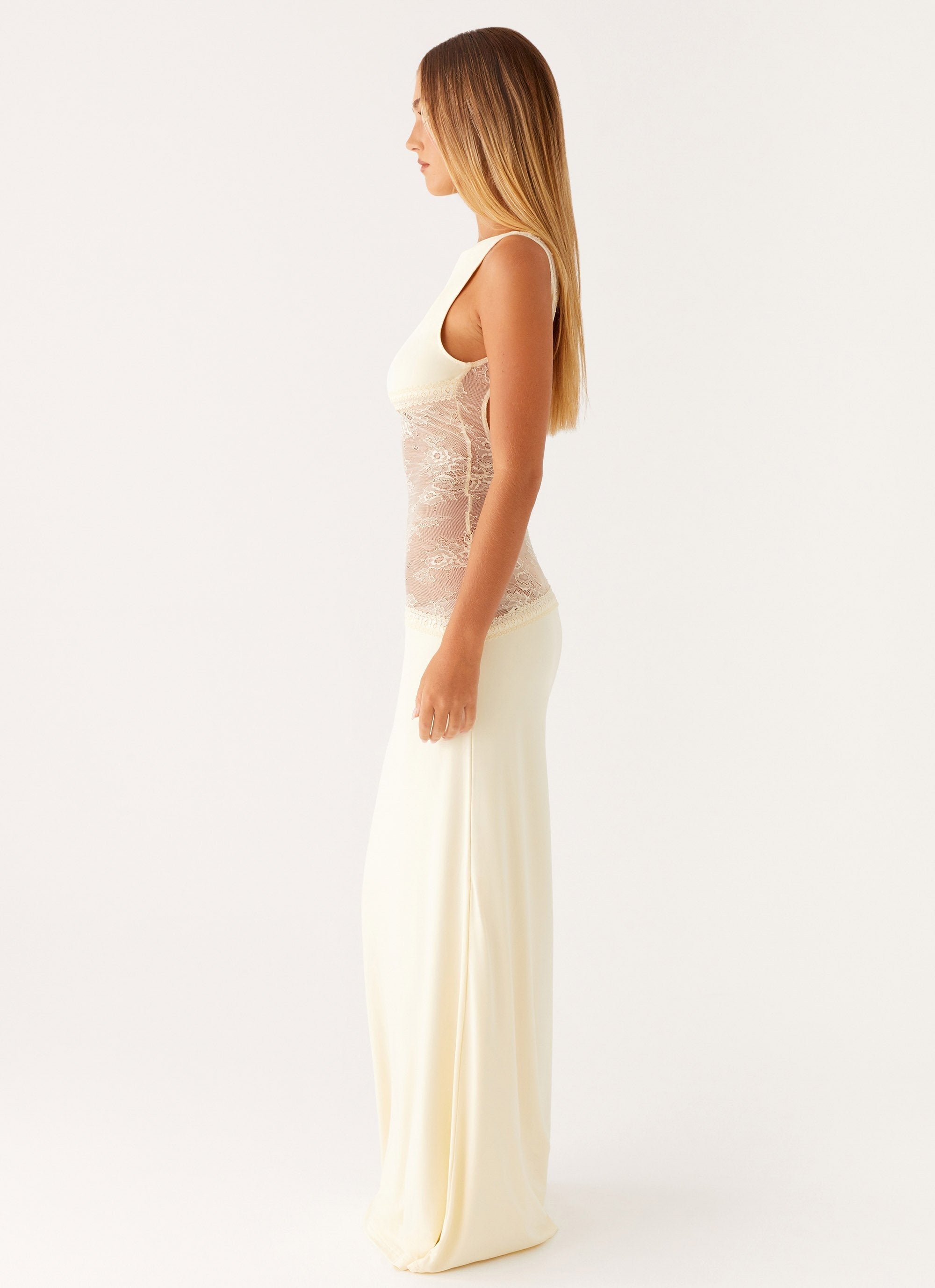 Cream sleeveless maxi dress with sheer lace waist panel — Peppermayo | Endless UAE