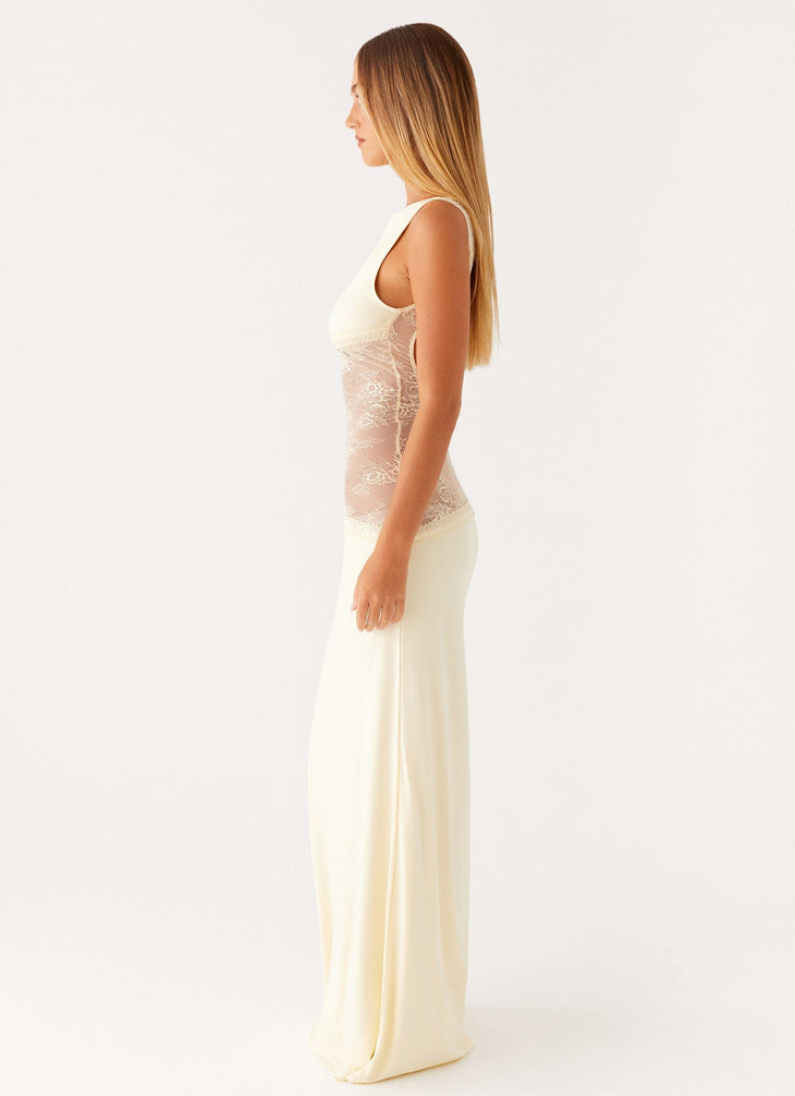 Cream sleeveless maxi dress with sheer lace waist panel — Peppermayo | Endless UAE