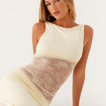 Cream sleeveless maxi dress with sheer lace waist panel — Peppermayo | Endless UAE