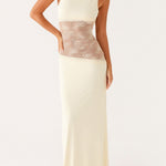 Cream sleeveless maxi dress with sheer lace waist panel — Peppermayo | Endless UAE