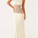 Cream sleeveless maxi dress with sheer lace waist panel — Peppermayo | Endless UAE