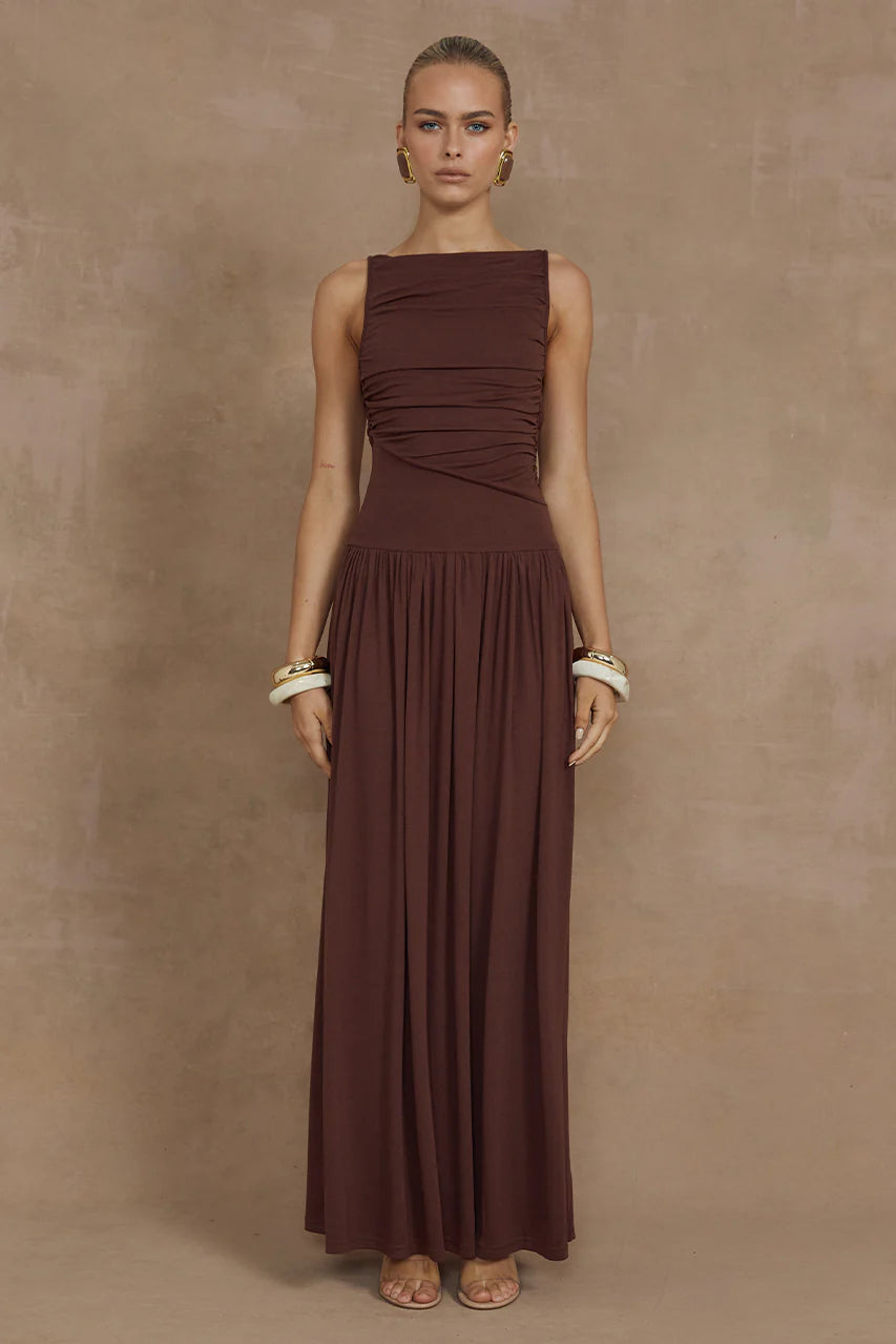 Nalla Maxi Dress in chocolate brown with ruched waist detail — Runaway The Label | Endless UAE