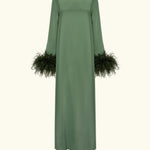 Woman wearing forest green satin midi dress with black feather cuffs and gold sandals — Sleeper | Endless UAE