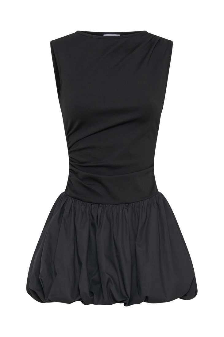 Black sleeveless mini dress with fitted bodice and bubble hem skirt — SNDYS | Endless UAE