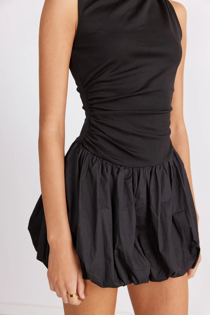 Black ruched sleeveless mini dress with bubble hem skirt detail — SNDYS | Endless UAE