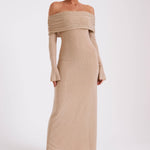 Woman wearing beige off-shoulder diamante maxi dress with long sleeves — Meshki | Endless UAE