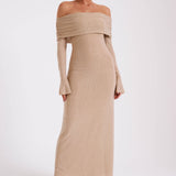 Woman wearing beige off-shoulder diamante maxi dress with long sleeves — Meshki | Endless UAE