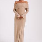 Woman wearing beige off-shoulder diamante maxi dress with long sleeves — Meshki | Endless UAE