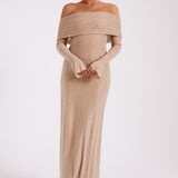 Woman wearing beige off-shoulder diamante maxi dress with long sleeves — Meshki | Endless UAE