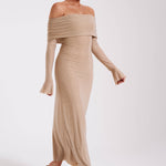 Woman wearing beige off-shoulder diamante maxi dress with long sleeves — Meshki | Endless UAE