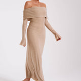 Woman wearing beige off-shoulder diamante maxi dress with long sleeves — Meshki | Endless UAE