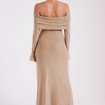 Woman wearing beige off-shoulder diamante maxi dress with long sleeves — Meshki | Endless UAE