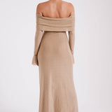 Woman wearing beige off-shoulder diamante maxi dress with long sleeves — Meshki | Endless UAE