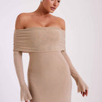 Woman wearing beige off-shoulder diamante maxi dress with long sleeves — Meshki | Endless UAE