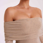 Woman wearing beige off-shoulder diamante maxi dress with long sleeves — Meshki | Endless UAE